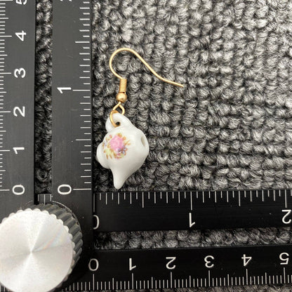 Pink flower Ceramic Teapot & Tea Cup Charm Dangle Earrings: Teapot