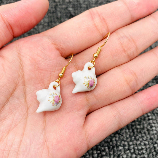 Pink flower Ceramic Teapot & Tea Cup Charm Dangle Earrings: Teapot