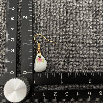 Pink flower Ceramic Teapot & Tea Cup Charm Dangle Earrings: Teapot