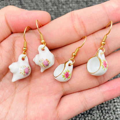 Pink flower Ceramic Teapot & Tea Cup Charm Dangle Earrings: Teapot