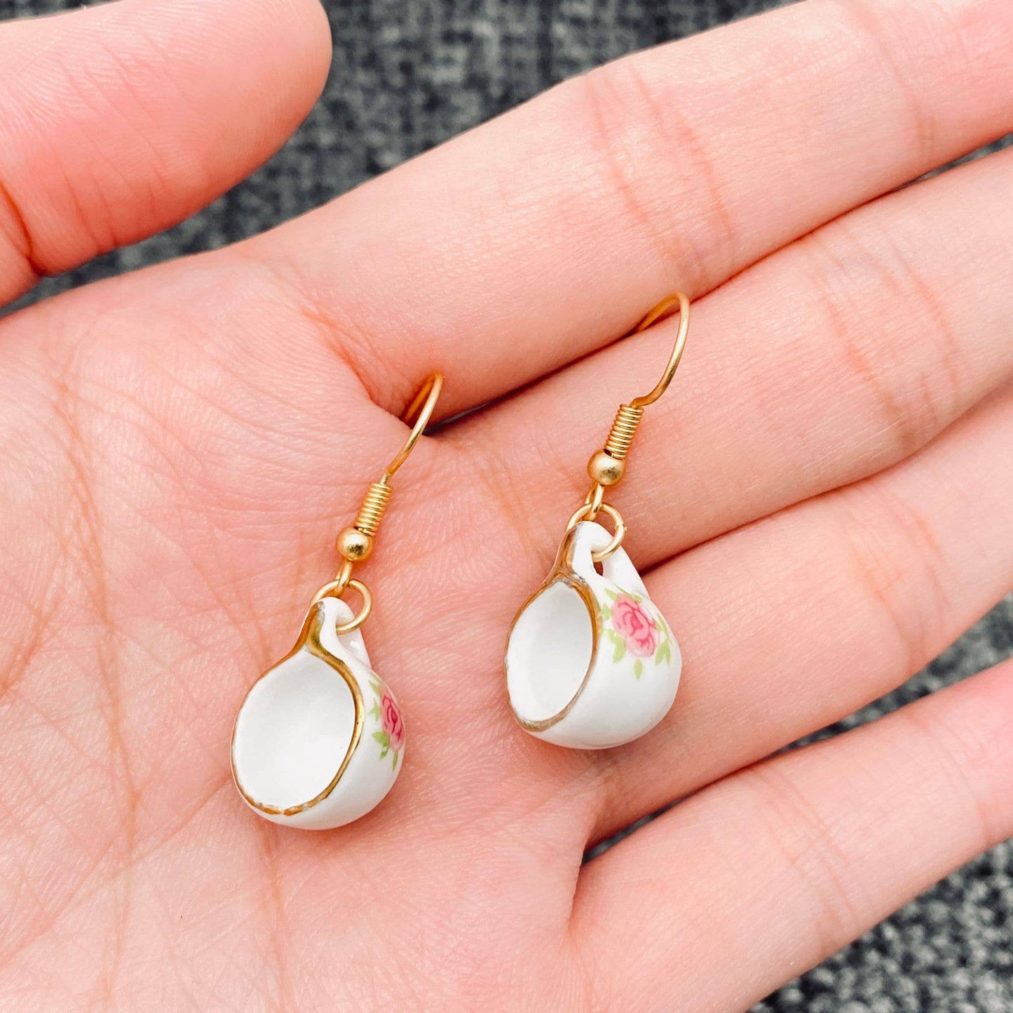 Pink flower Ceramic Teapot & Tea Cup Charm Dangle Earrings: Teapot